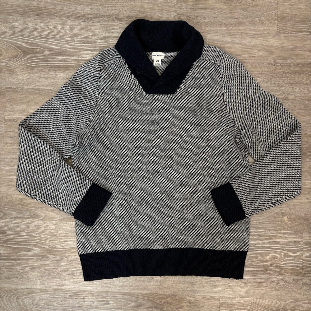 Club Monaco Herringbone Shawl Collar Mens Pullover Sweater White & Blue XS